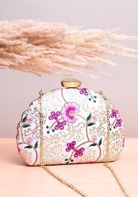 White Satin Floral Embroidered Box Clutch