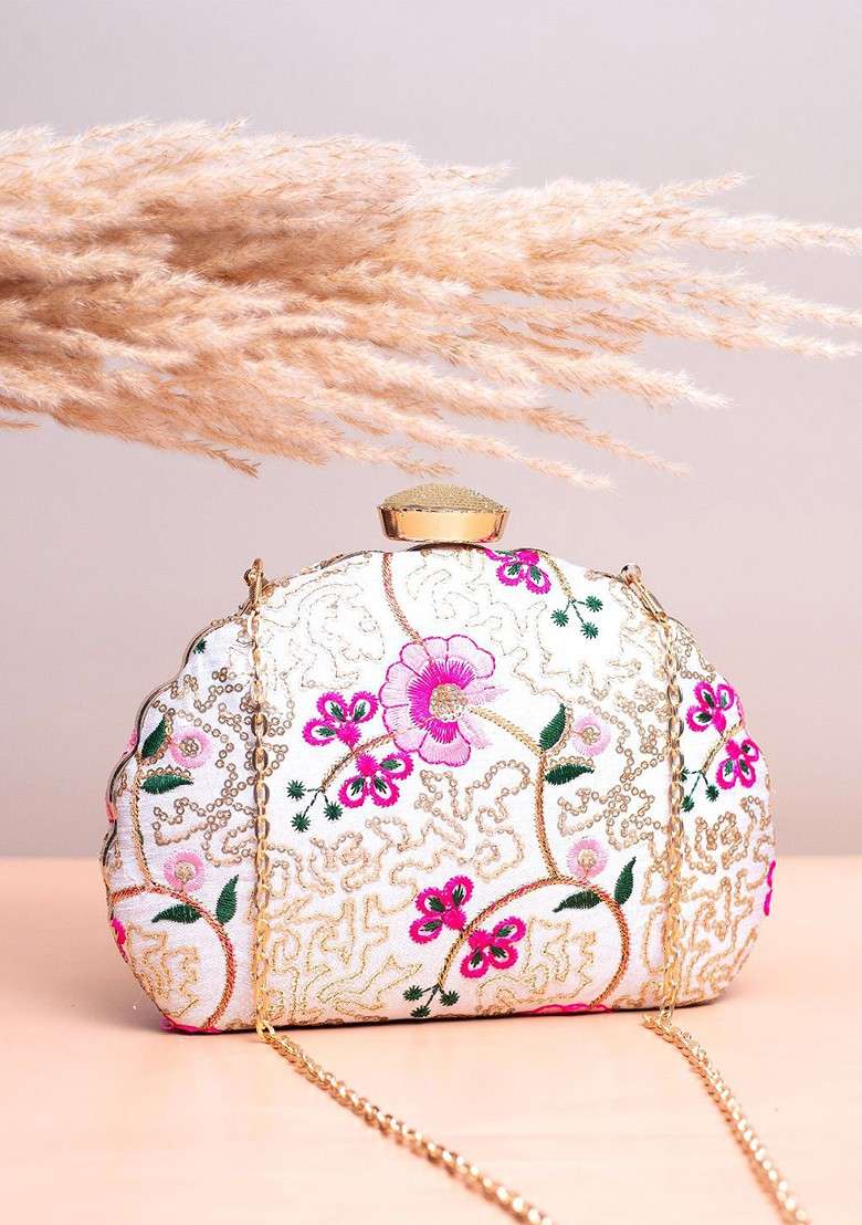 White Satin Floral Embroidered Box Clutch - Indya