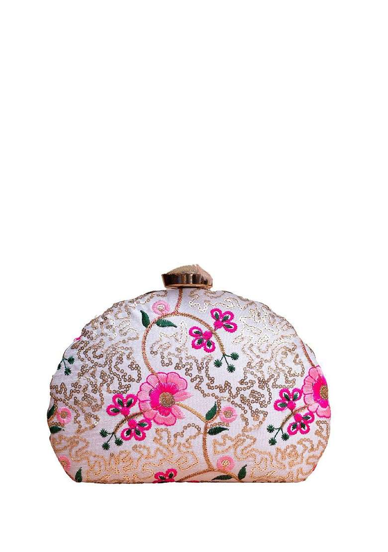 White Satin Floral Embroidered Box Clutch - Indya
