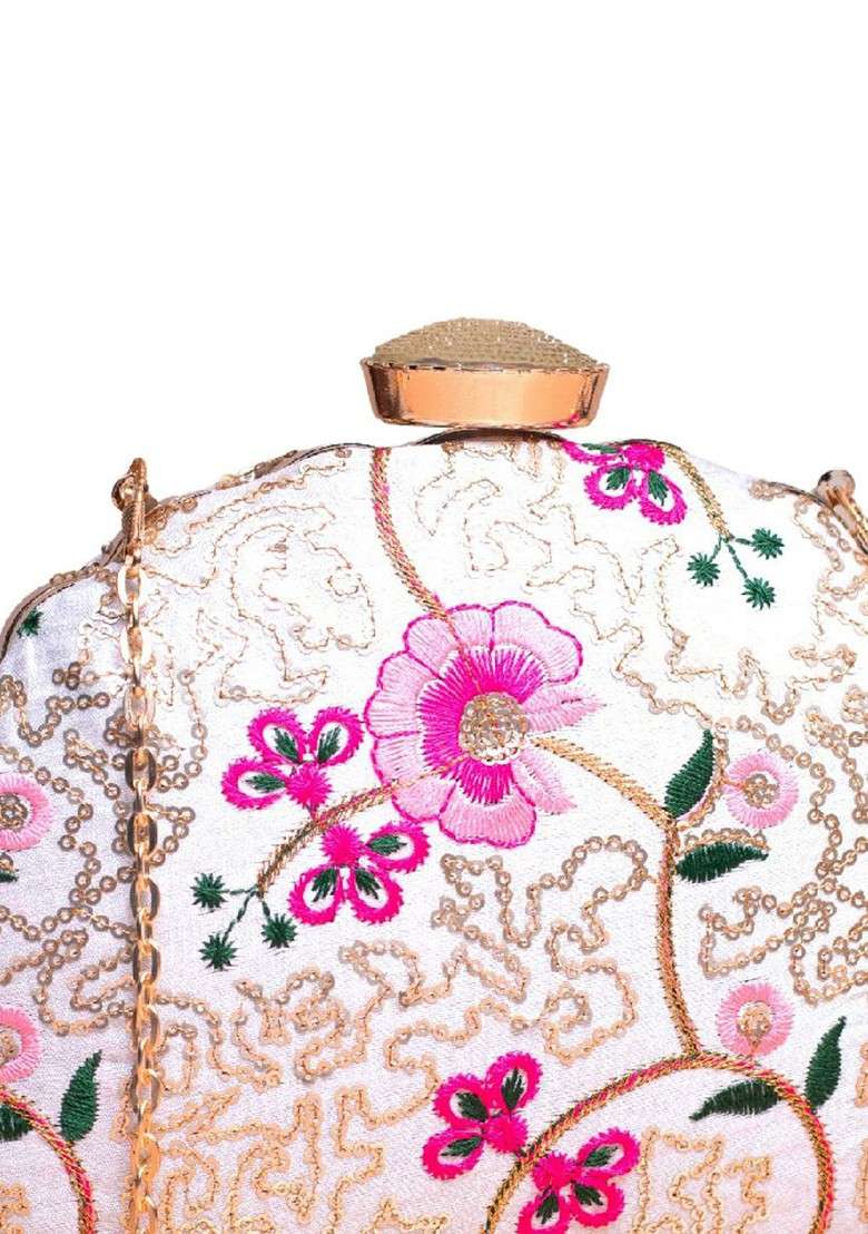 White Satin Floral Embroidered Box Clutch - Indya