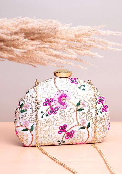 White Satin Floral Embroidered Box Clutch