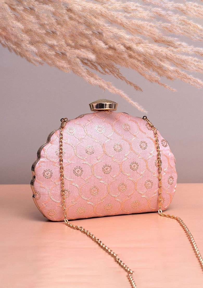Pink Satin Floral Sequined Embroidered Box Clutch - Indya