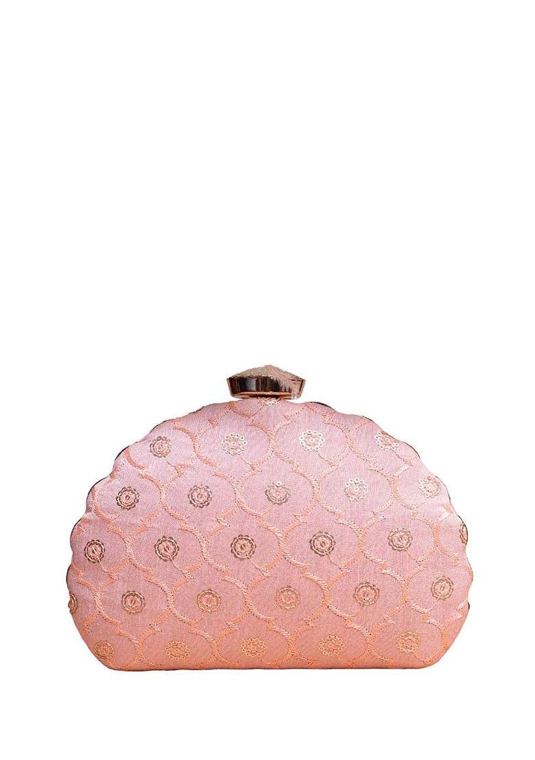 Pink Satin Floral Sequined Embroidered Box Clutch - Indya