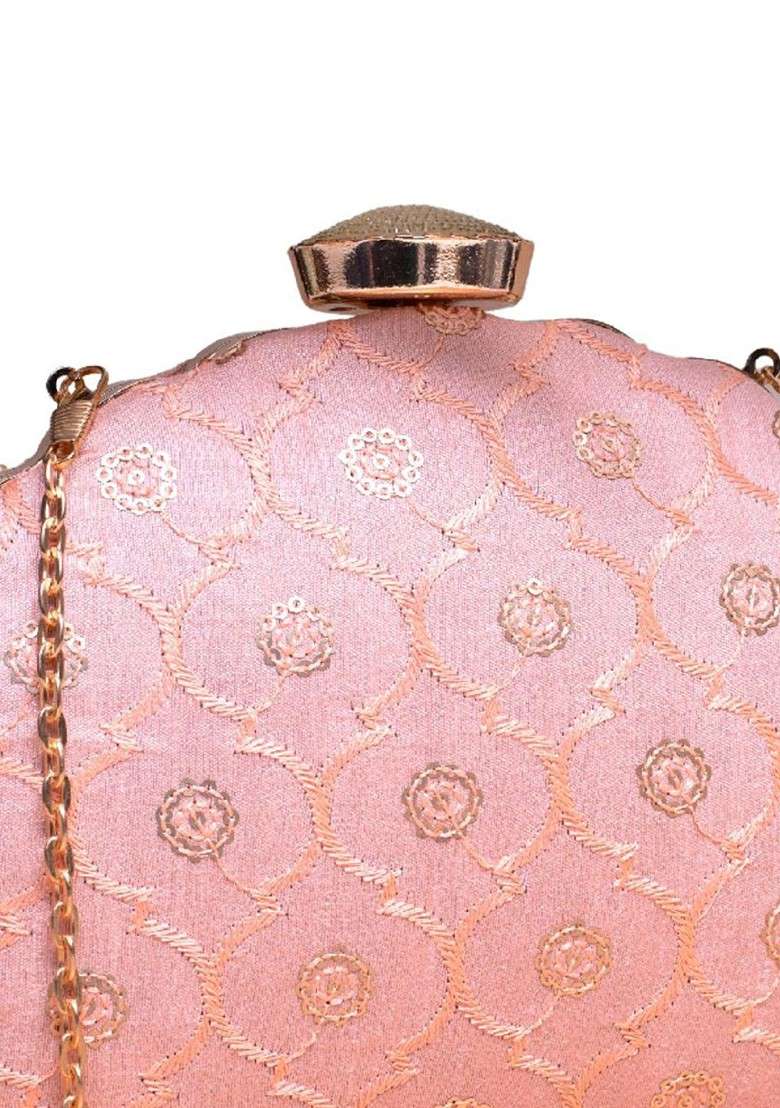 Pink Satin Floral Sequined Embroidered Box Clutch - Indya