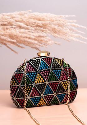 Black Satin Geometric Embroidered Box Clutch
