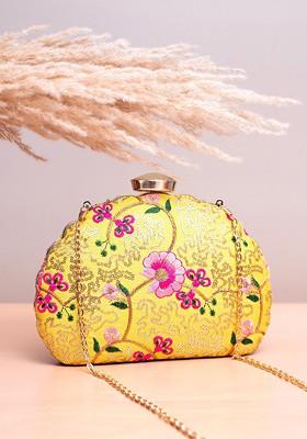 Yellow Satin Floral Embroidered Box Clutch