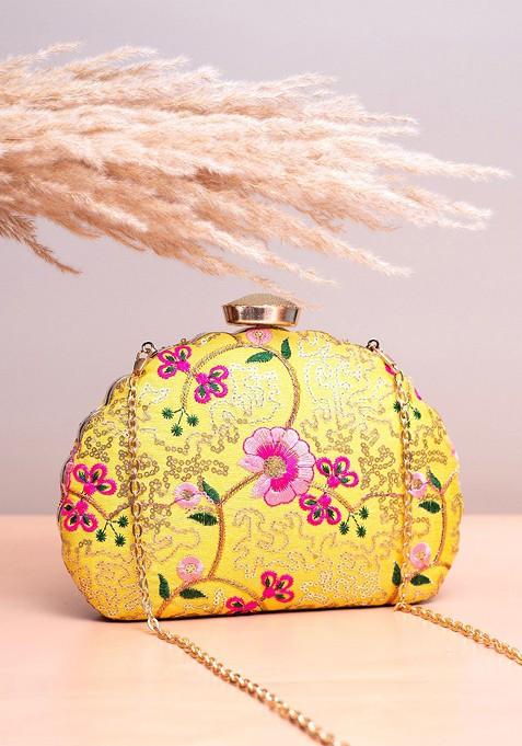 Yellow Satin Floral Embroidered Box Clutch