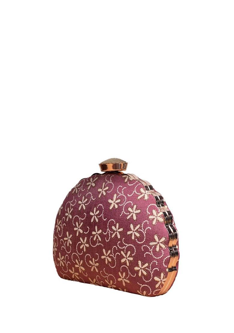 Brown Satin Floral Embroidered Box Clutch - Indya