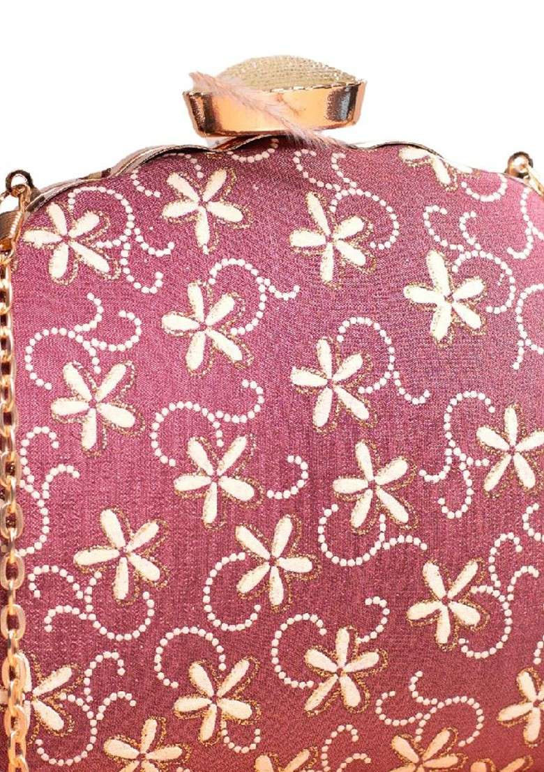 Brown Satin Floral Embroidered Box Clutch - Indya