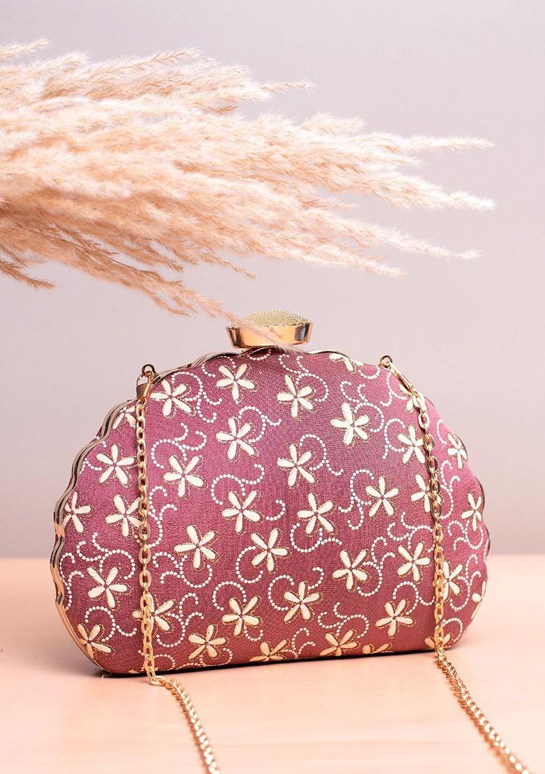 Brown Satin Floral Embroidered Box Clutch - Indya