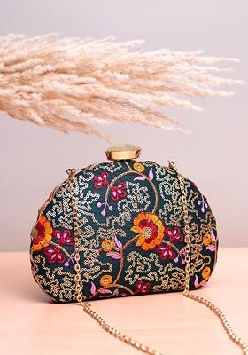 Grey Satin Floral Embroidered Box Clutch