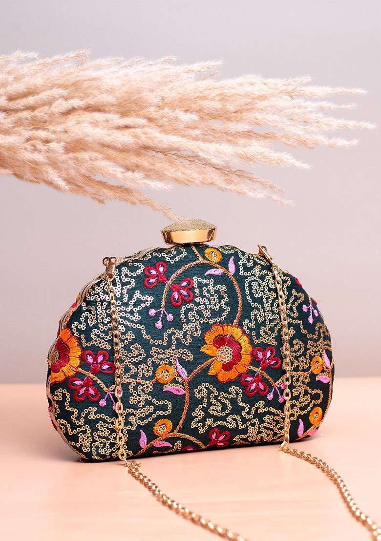 Grey Satin Floral Embroidered Box Clutch - Indya