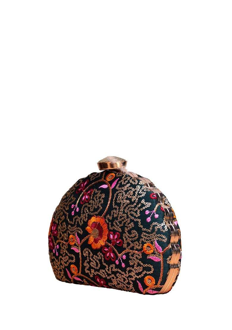 Grey Satin Floral Embroidered Box Clutch - Indya