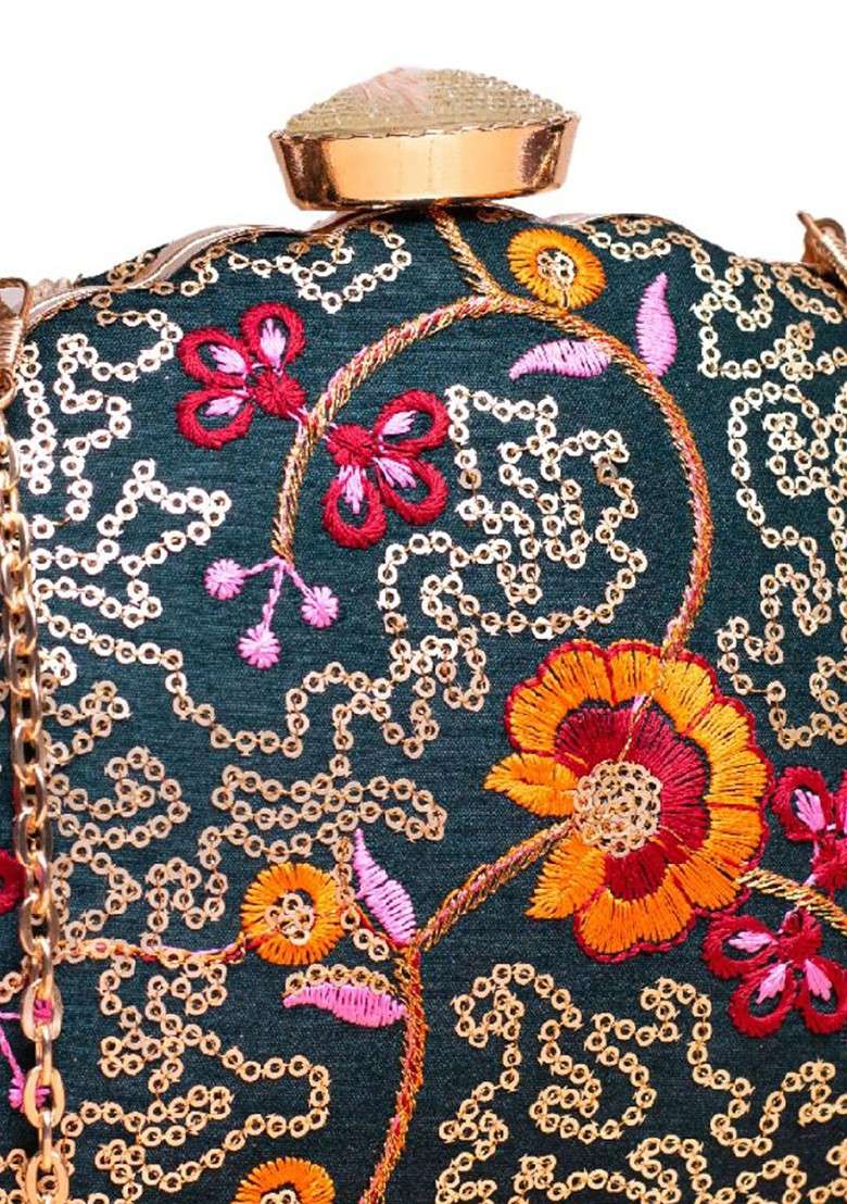 Grey Satin Floral Embroidered Box Clutch - Indya
