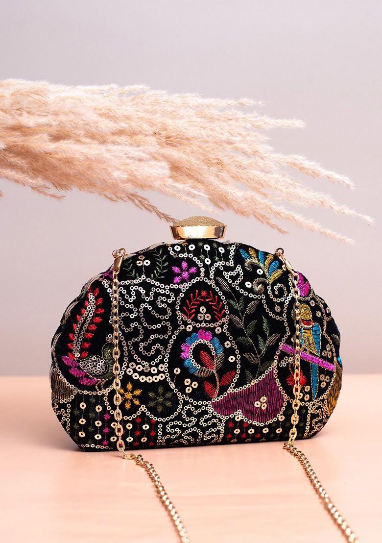 Black Satin Embroidered Sequinned Box Clutch - Indya