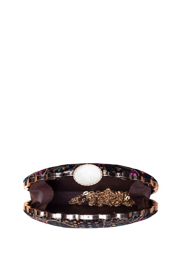 Black Satin Embroidered Sequinned Box Clutch - Indya