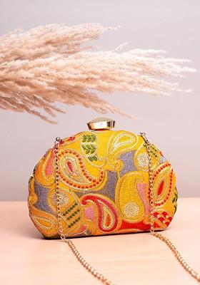 Yellow Satin Paisley Embroidered Box Clutch