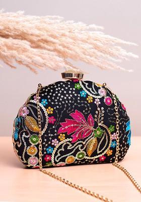 Black Satin Embroidered Sequinned Box Clutch