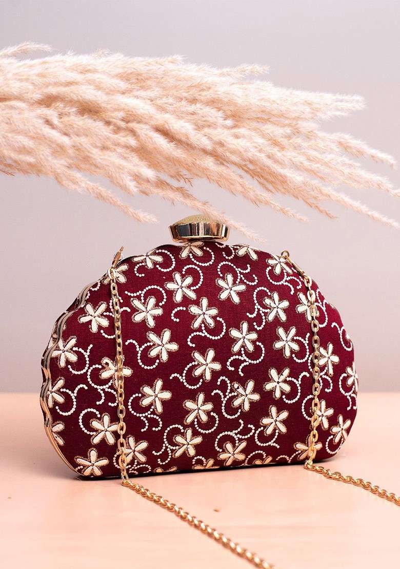 Maroon Satin Floral Embroidered Box Clutch - Indya