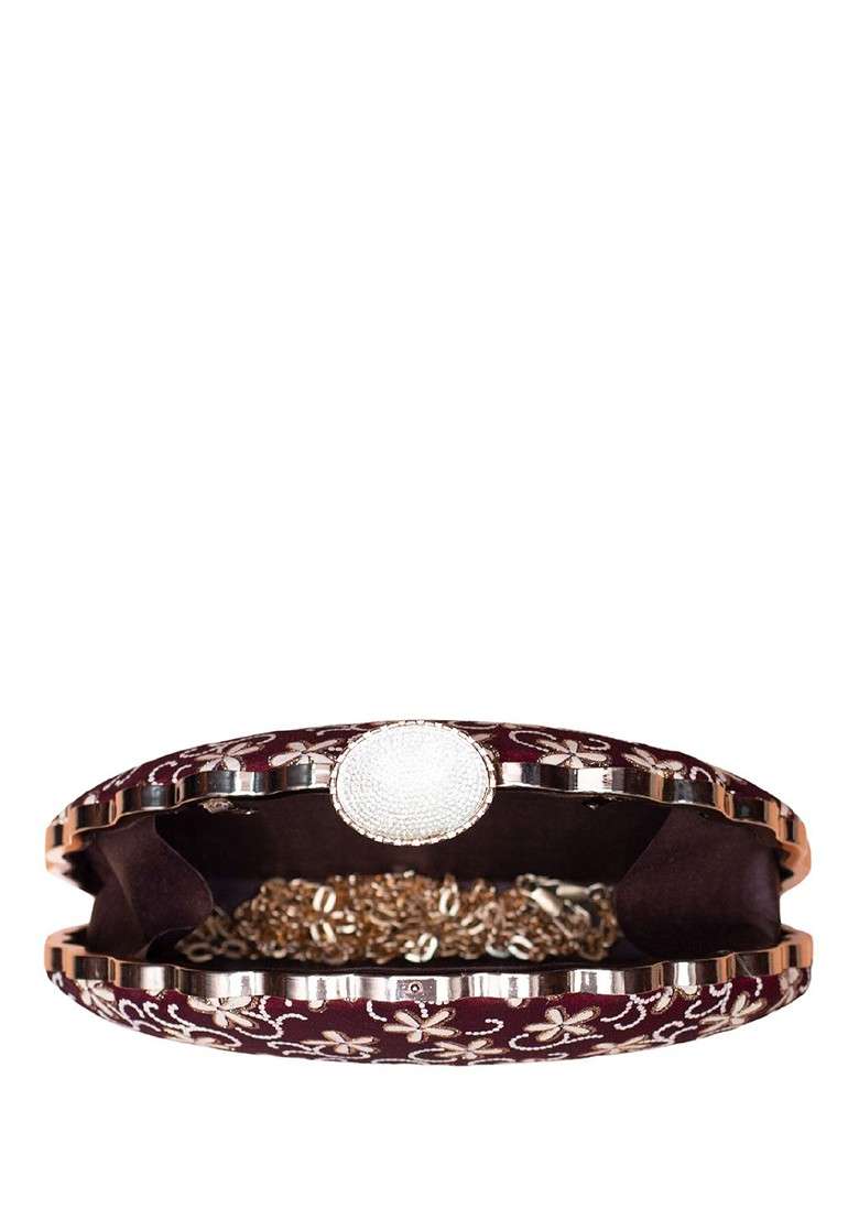 Maroon Satin Floral Embroidered Box Clutch - Indya