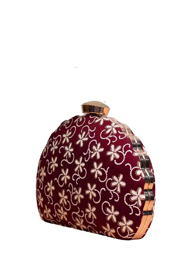 Maroon Satin Floral Embroidered Box Clutch - Indya