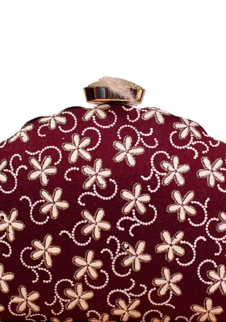 Maroon Satin Floral Embroidered Box Clutch - Indya