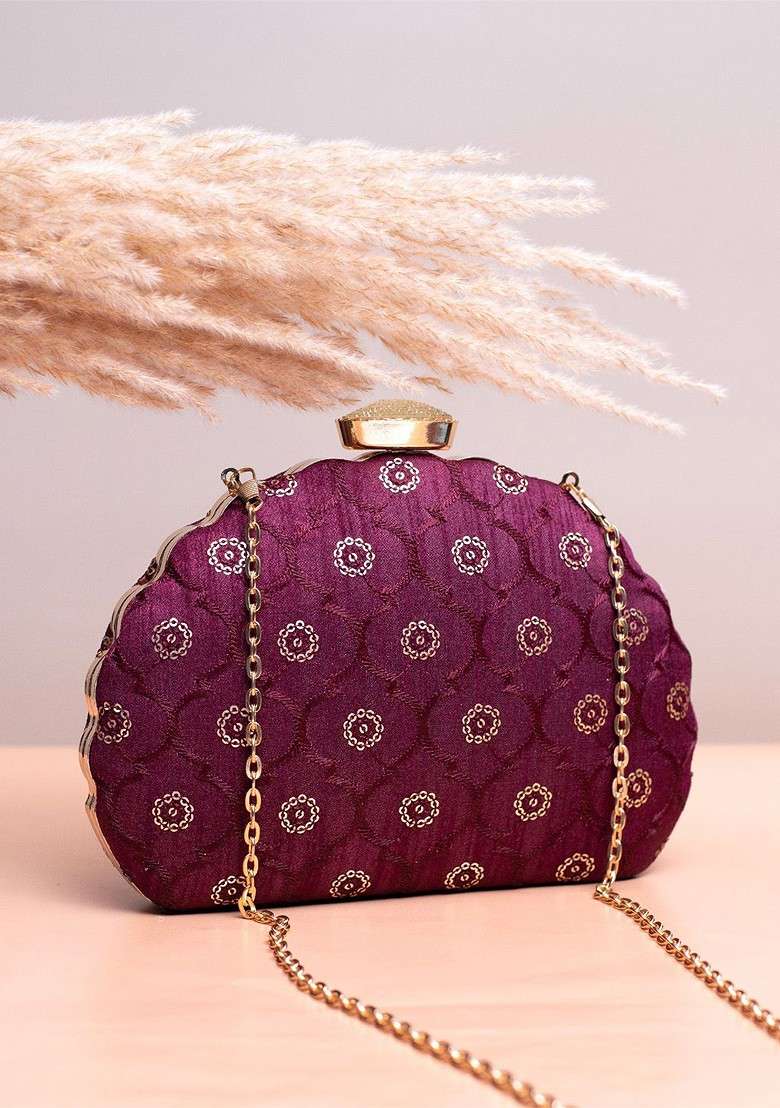 Purple Satin Embroidered Sequinned Box Clutch - Indya