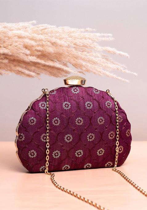 Purple Satin Embroidered Sequinned Box Clutch