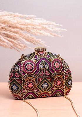 Black Satin Floral Embroidered Box Clutch