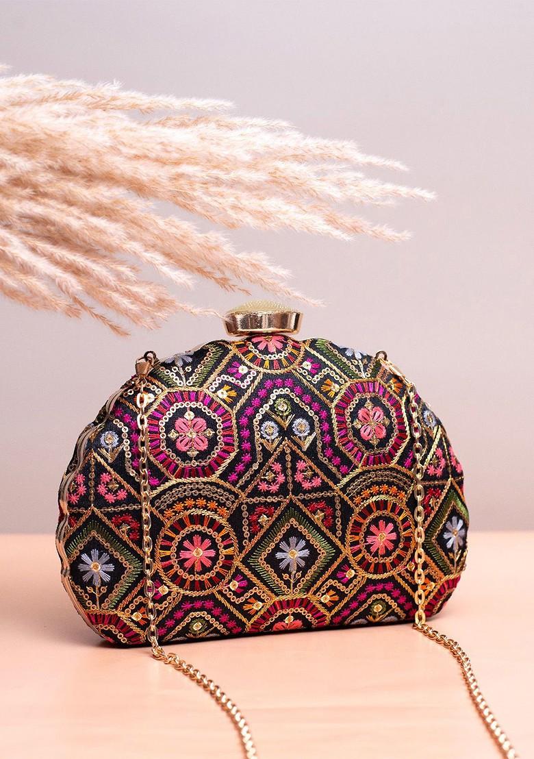 Black Satin Floral Embroidered Box Clutch - Indya