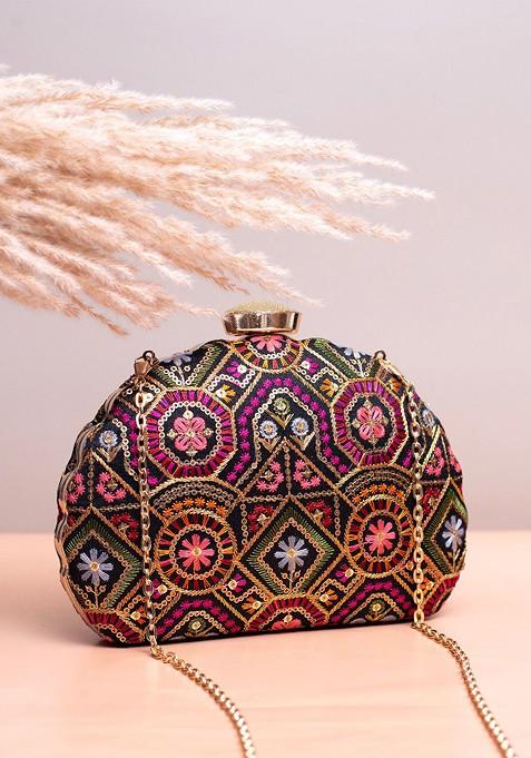 Black Satin Floral Embroidered Box Clutch