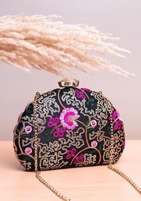 Black Satin Floral Embroidered Sequinned Box Clutch