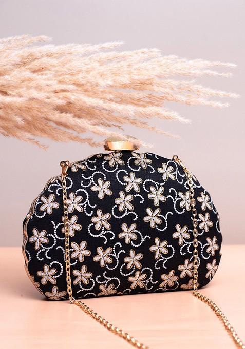 Black Satin Floral Embroidered Box Clutch