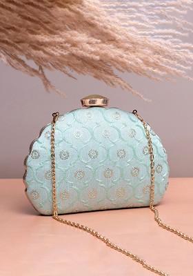 Blue Satin Floral Sequins Embroidered Box Clutch