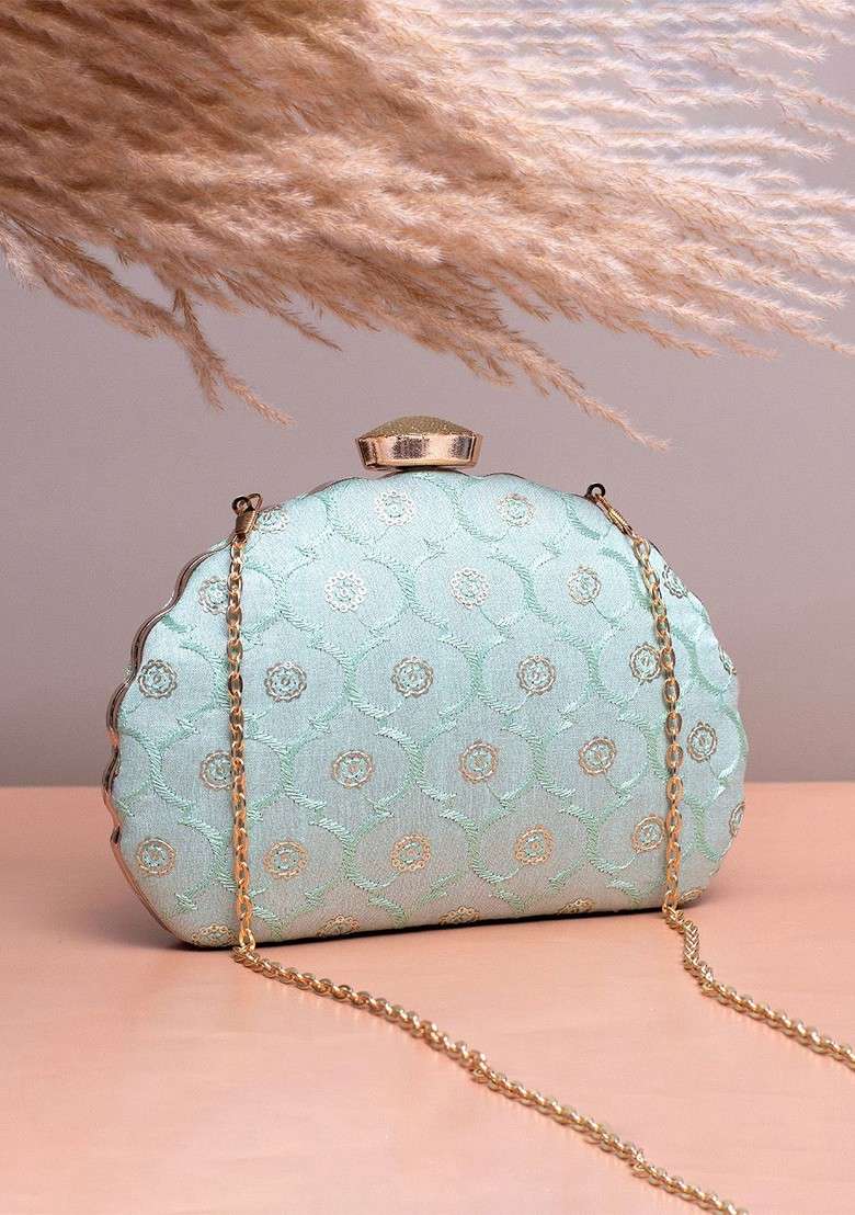 Blue Satin Floral Sequins Embroidered Box Clutch - Indya