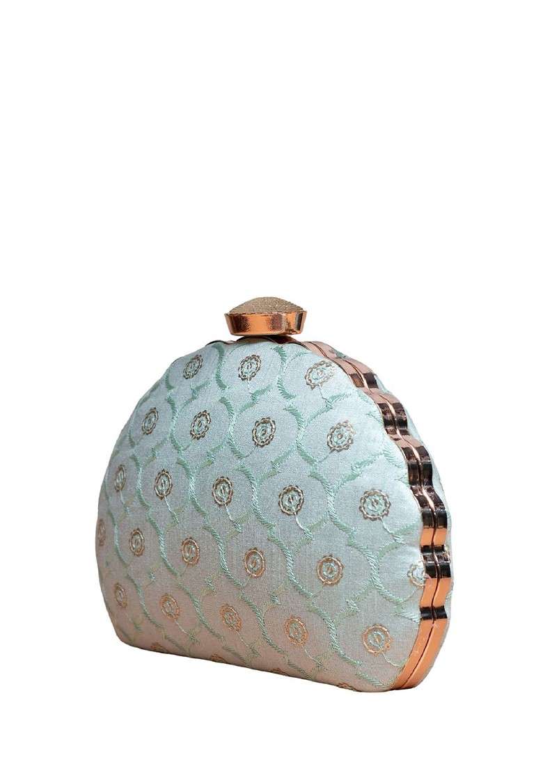 Blue Satin Floral Sequins Embroidered Box Clutch - Indya