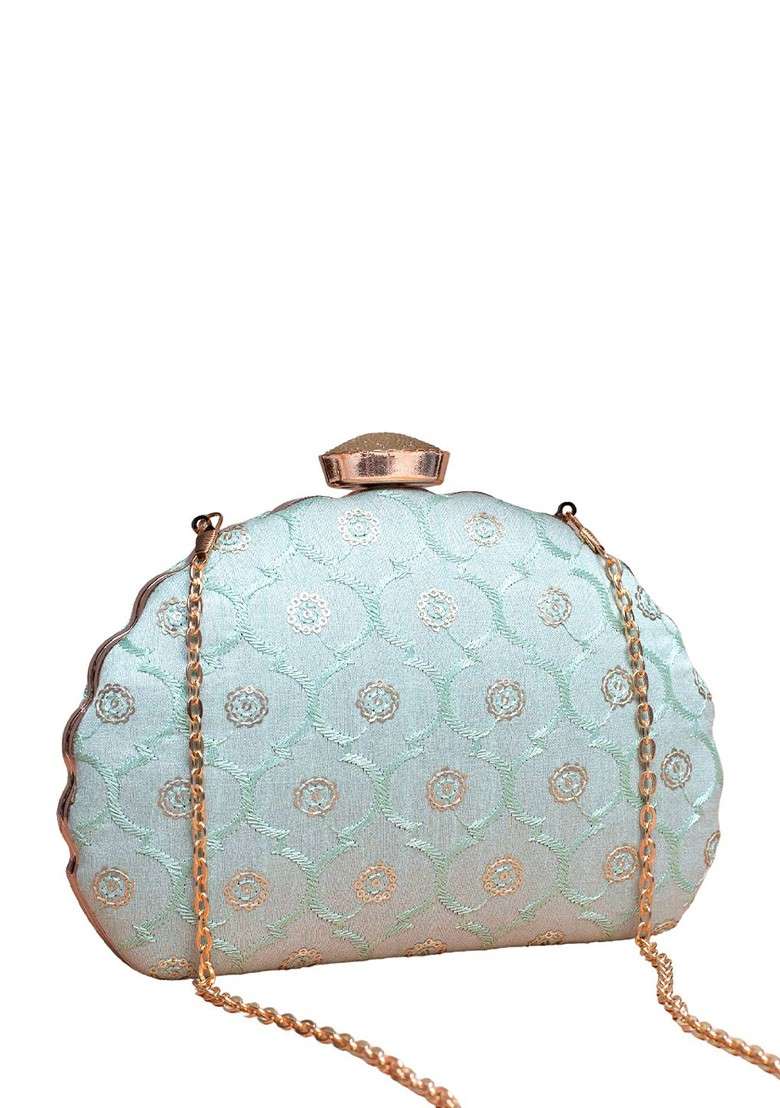 Blue Satin Floral Sequins Embroidered Box Clutch - Indya