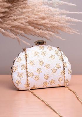 Beige Satin Floral Embroidered Box Clutch