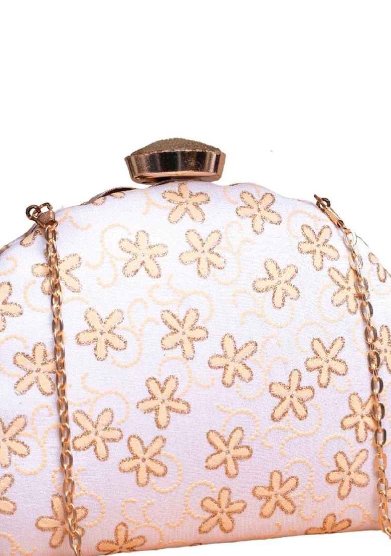 Beige Satin Floral Embroidered Box Clutch - Indya