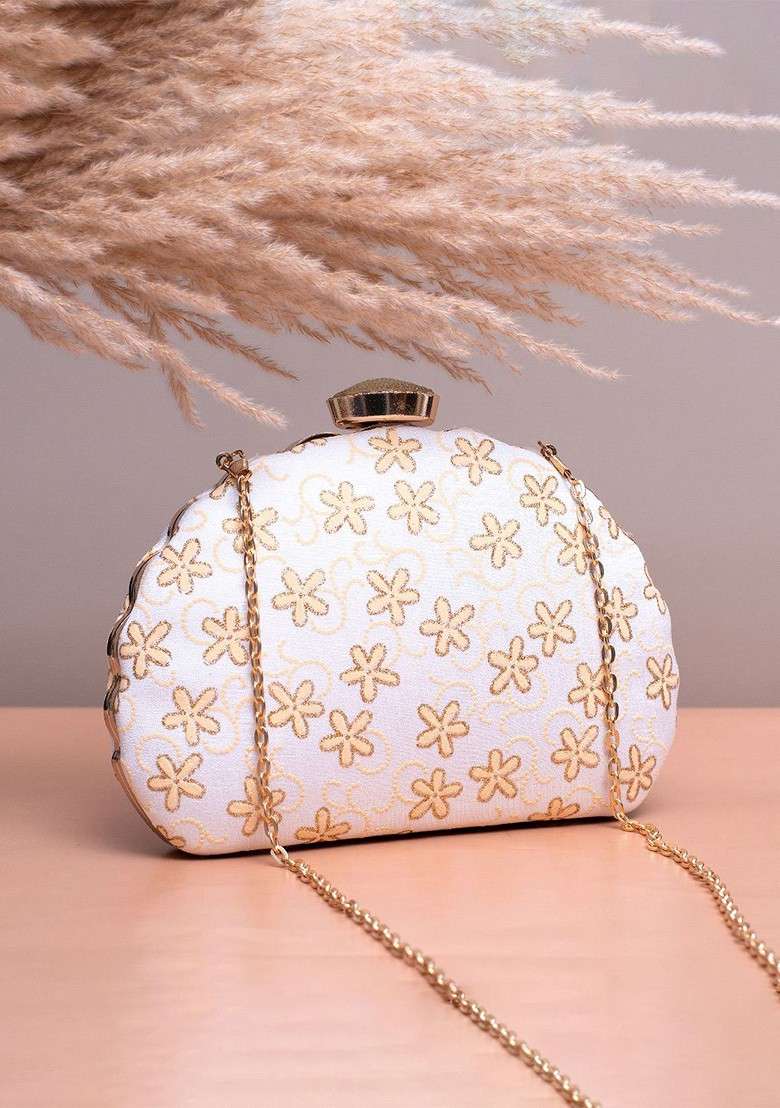 Beige Satin Floral Embroidered Box Clutch - Indya
