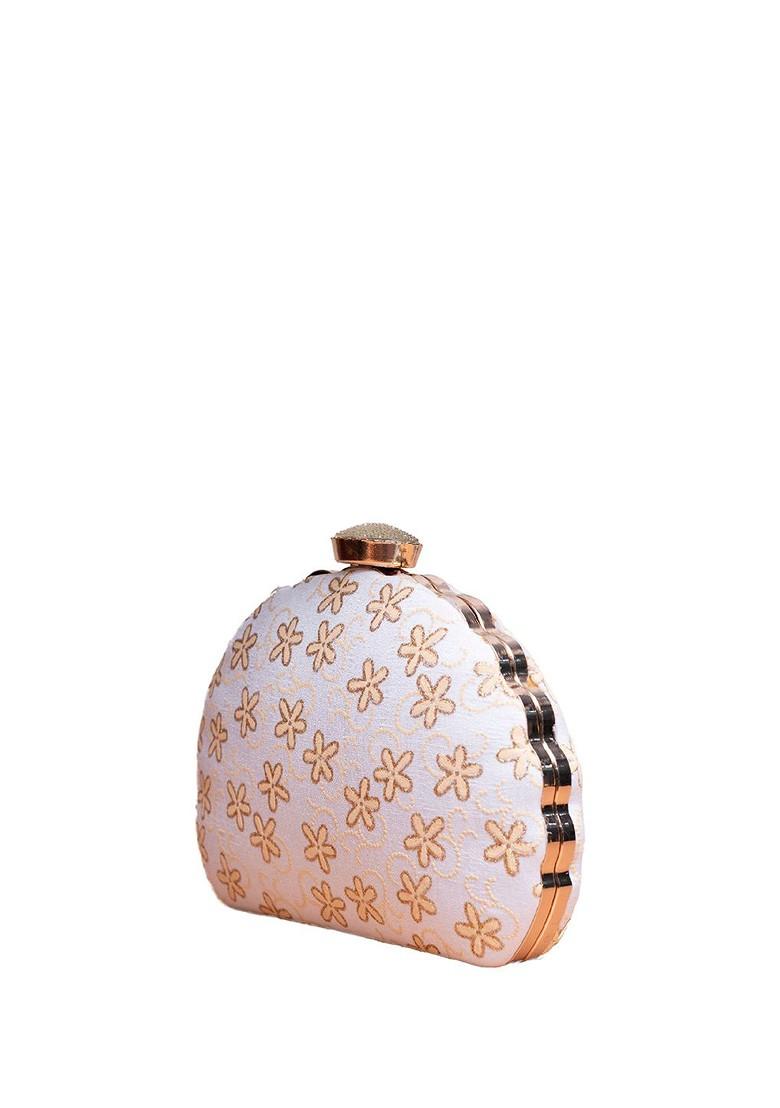 Beige Satin Floral Embroidered Box Clutch - Indya