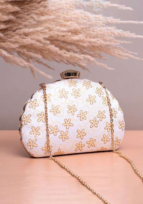 Beige Satin Floral Embroidered Box Clutch
