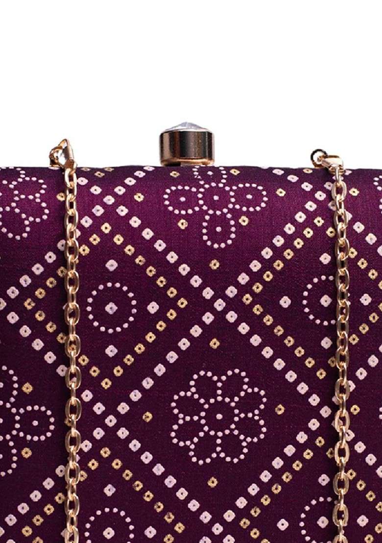 Purple Fabric Printed Box Clutch - Indya