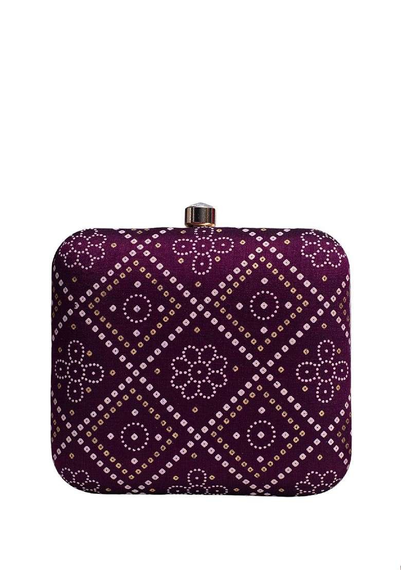 Purple Fabric Printed Box Clutch - Indya