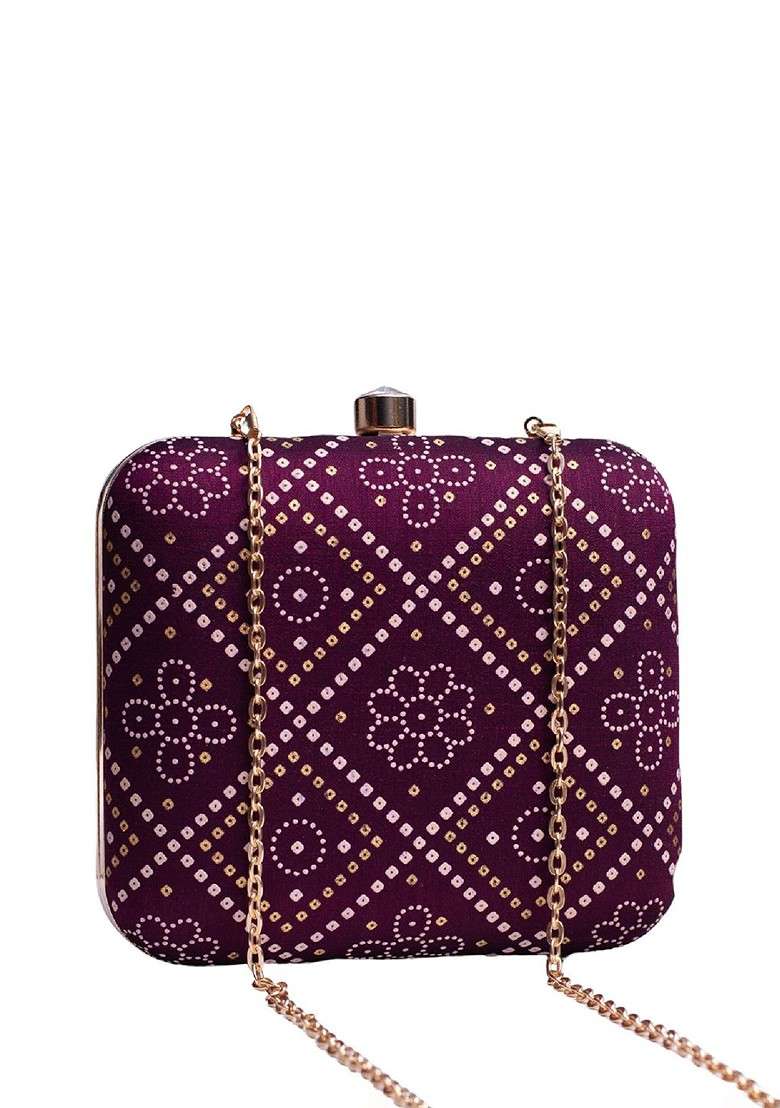 Purple Fabric Printed Box Clutch - Indya