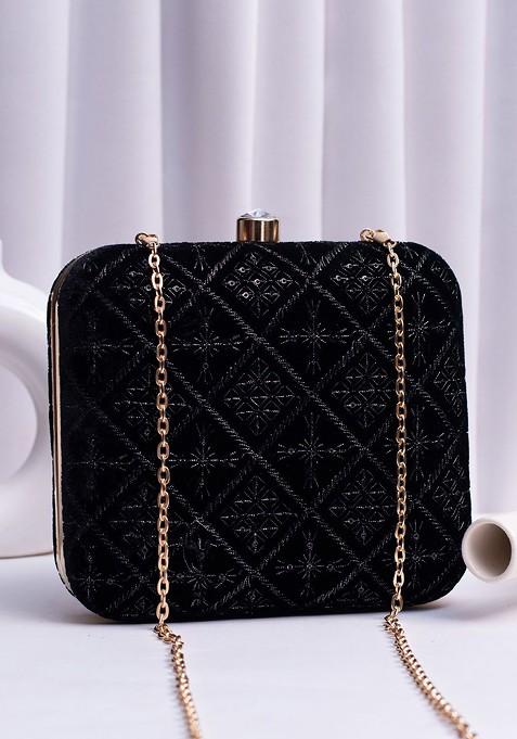 Black Satin Embroidered Box Clutch