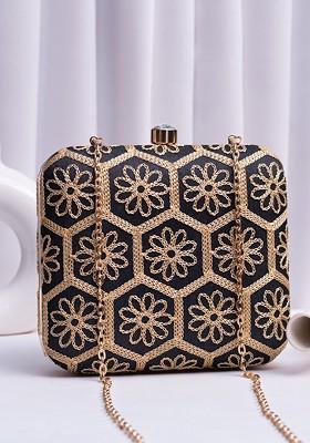 Black Satin Embroidered Box Clutch