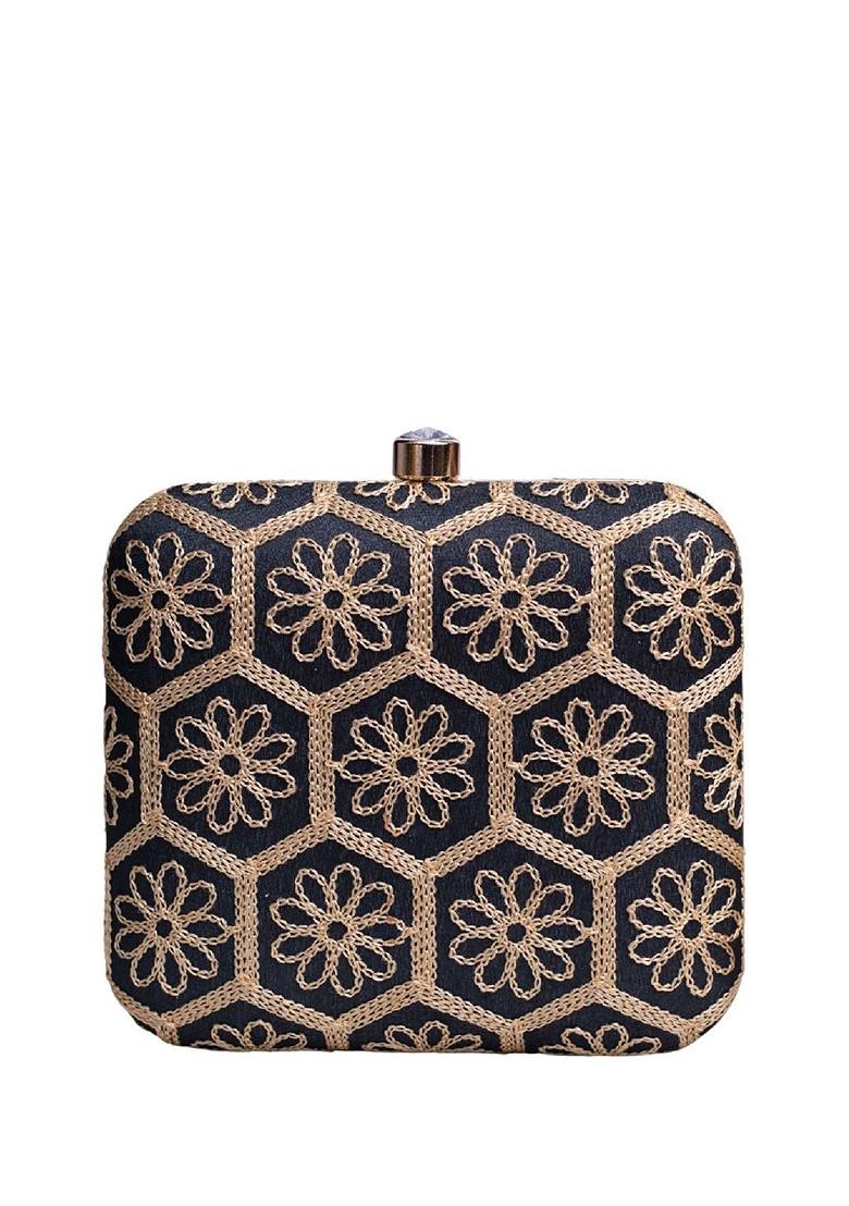 Black Satin Embroidered Box Clutch - Indya