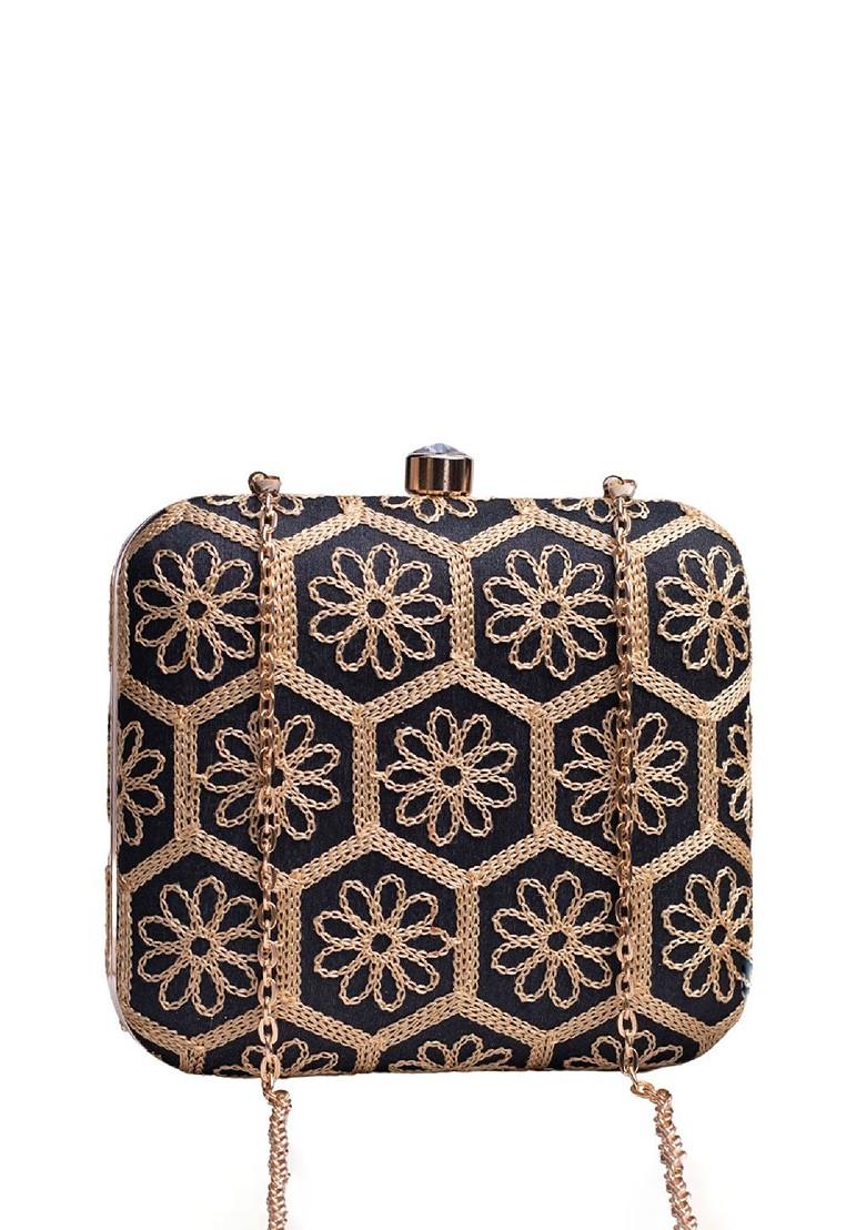 Black Satin Embroidered Box Clutch - Indya