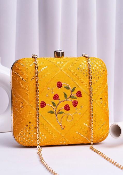 Mustard Satin Embroidered Embellished Box Clutch